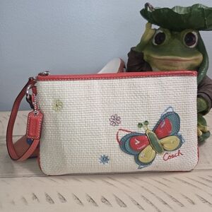 Coach Straw Multicolor Butterfly Large Wristlet, EUC